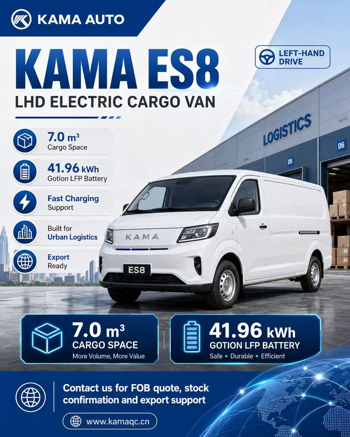 KAMA ES8 LHD Electric Cargo Van | 7m³ EV Cargo Van for Export